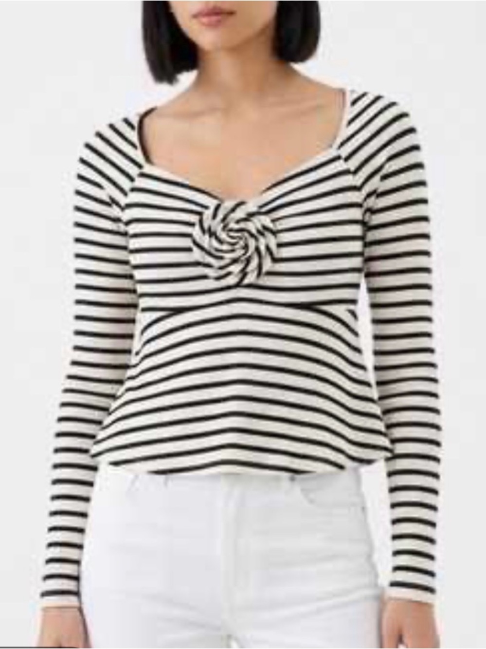 American Eagle Outfitters Black & White Striped Long-Sleeve Top with Rosette